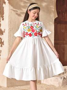 SHEIN Tween Girls Casual Vacation Embroidered Ruched Flared Sleeve A-Line Woven Solid Color Dress - White - View 4