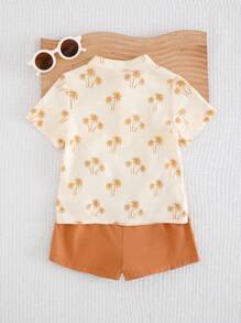 Cozy Pixies 2pcs Toddler Boy Cartoon Coconut Tree Short Sleeve Polo Collar Pullover Top And Solid Color Elastic Waist Shorts Set