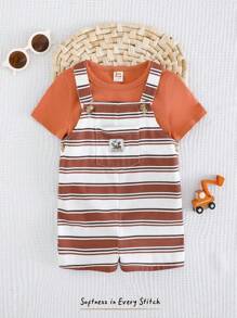 Cozy Pixies Ensemble de 2 pièces pour bébé garçon - Top tricoté unicolore à col rond et manches courtes, et short à bretelles rayé coloré - Multicolore - Voir 3