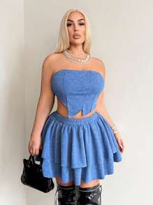 SHEIN SXY Plus Size Women Sexy Streetwear Gyanu Y2K Chic Midriff Baring Crop Top With Textured Ribbed Knit Fabric And Layered Ruffle Hem Mini Skirt Set, Suitable For Everyday Wear, Date Night, Birthday, Bachelorette Party, Elegant, Casual, Shopping, Streetwear, Going Out, , Easy To Match & Looks Slim, Accentuates Body, Flatters The Figure - Pink - View 5