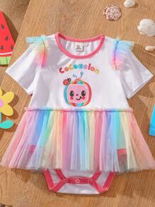 CoComelon X SHEIN Baby Girl Watermelon Print Colorful Contrast Mesh White Cute Cartoon Bodysuit - White - View 3