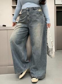 Dazy Plus Plus Size Washed Distressed Loose Relaxed Wide Leg Long Denim Jeans,Baggy Jeans