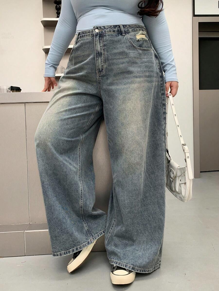 Dazy Plus Plus Size Washed Distressed Loose Relaxed Wide Leg Long Denim Jeans,Baggy Jeans