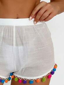 Swim Vcay Colorful Pom Pom Decor Cover Up & Shorts Set, Versatile For Summer - Multicolor - View 3