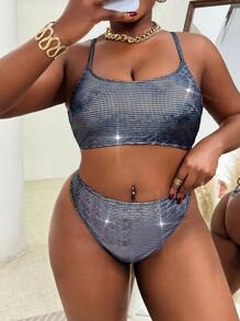 SHEIN Slayr CURVE 大码女式 2 件装巨型海滩度假金属面料宽绑带背带比基尼套装