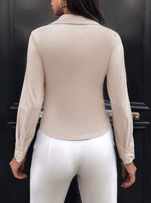 EURMUSE Cotton Solid Ruched Button Front Shirt - Apricot - View 2