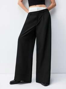 LYSMO Fashion Commuter Double Waistline Color Block Wide Leg Dress Pants - Black - View 5