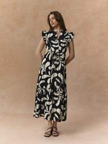 Écloséra 大码女式全印花盖袖连衣裙，优雅的法式风格 - 黑色 - 查看 4