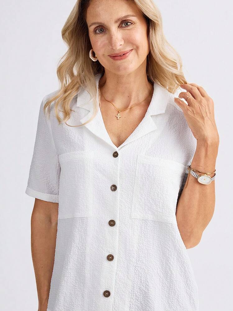 Miaspire Camisa casual de mujer de manga corta blanca con bolsillo en el pecho, para primavera/verano - Blanco - Añade 4