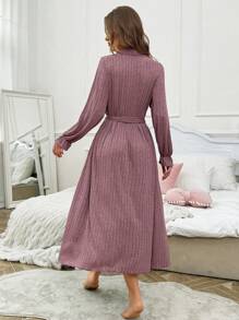Women's Casual Dusty Pink Knitted Midi Robe With V-Neck, Bishop Sleeve, And Belted Frill Detail Loungewear - Dusty Pink - View 6