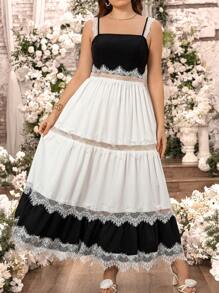 SHEIN Clasi 大码女式优雅黑白拼色拼接蕾丝边镂空吊带裙，适合春夏季、婚礼宾客装、节日、春假 - 黑與白 - 查看 4