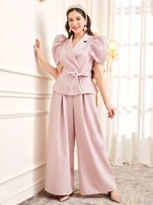 SHEIN Zweiteiler für Teenager Mädchen: elegante Bluse mit Ballonärmeln und Bindung in der Taille & weite Hose