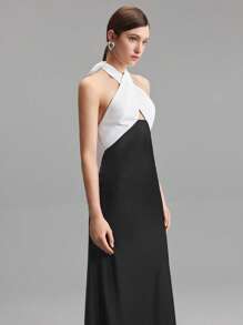 Ontre 女士无袖挂脖式拼色 A 字形连衣裙，塔夫绸轻质派对礼服，春夏