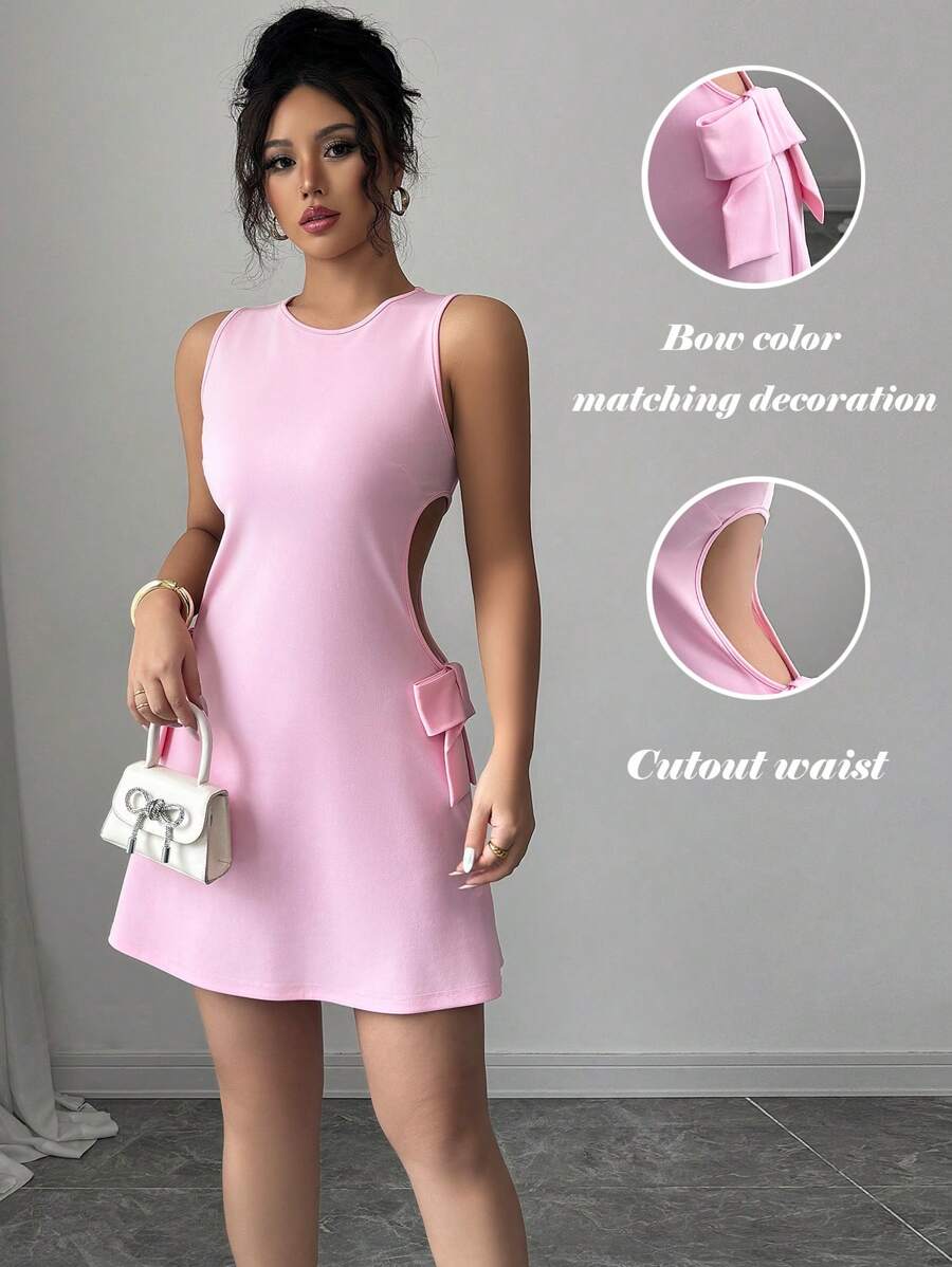 Elenzga Summer Vacation, Valentine's Day, Spring Festival Holiday Fashionable & Elegant Sexy Hollow Bowknot Mini Dress - Pink - View 1