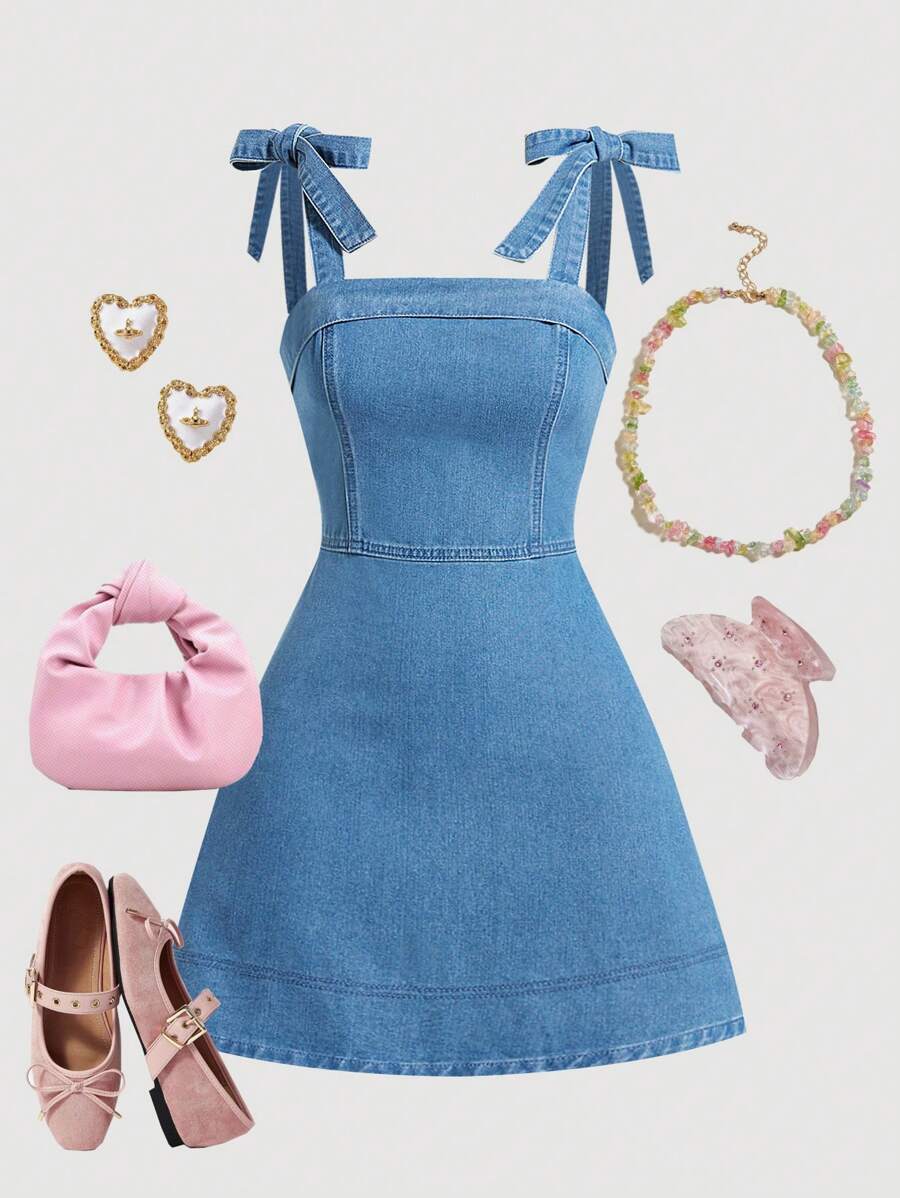 SHEIN MOD Women's Casual Tie Cami Mini Denim Dress - Medium Wash - View 1