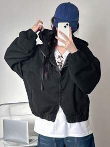 FRIFUL 女士宽松连帽牛仔外套，休闲款 - 黑色 - 查看 3