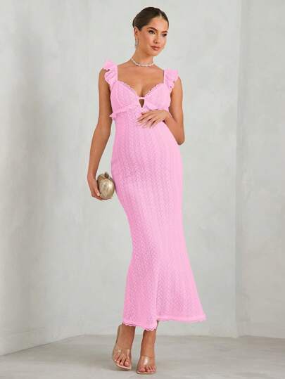 MaterniChic Maternity Sexy Crochet Textured Off-Shoulder Dress With Hollow Back And Elegant Hemline, Suitable For Party, Wedding, Formal Occasions