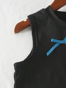 少女甜美淑女圆领无袖3D蝴蝶结刺绣荷叶边上衣搭配松紧腰阔腿撞色荷叶边短裤夏季套装 - 霧霾藍 - 查看 5