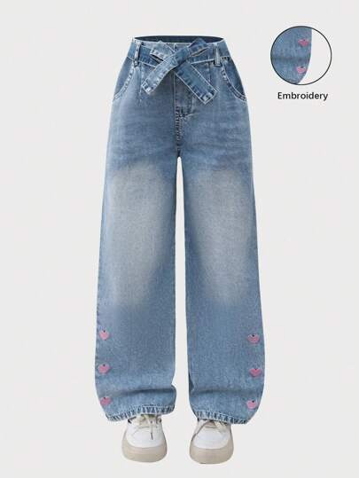 Young Girls Loose Flare Leg Jeans, Light Wash Blue Denim With Pink Heart Embroidery, Denim Belt Decor, Casual, Cute & Versatile