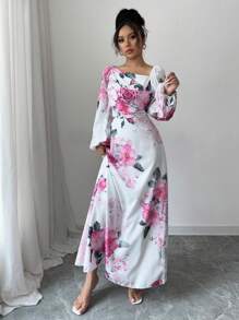 Modelyn 女士优雅花卉印花不对称领灯笼袖连衣裙