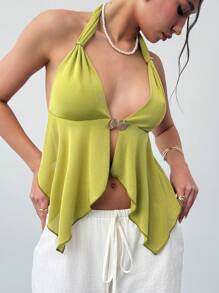 Aloruh 牛油果绿色性感露背金属扣深 V 不对称下摆修身吊带背心，适合夏季度假 - 橄欖綠 - 查看 6
