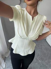 Elenzga 新品女式时尚 V 领褶皱胸口设计腰部收紧下摆褶皱短袖优雅衬衫 - 杏色 - 查看 6