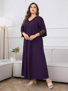 Al Najma 加大撞色蕾丝蝙蝠袖连衣裙，全长宽松长款卡夫坦连衣裙，适合春夏季，端庄 - 紫色 - 查看 5