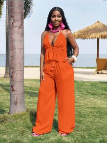 Slaydiva 全新休闲度假露背吊带上衣+阔腿超长裤竹纤维白色女款两件套-M - 橘色 - 查看 4