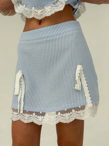 Aloruh Damen 2 Stücke Set mit Schleife, gestreiftem Camisole-Top und Minirock