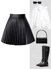 Calvaya 女士高腰百褶裙，黑色仿皮裙，优雅百搭，凸显身材
