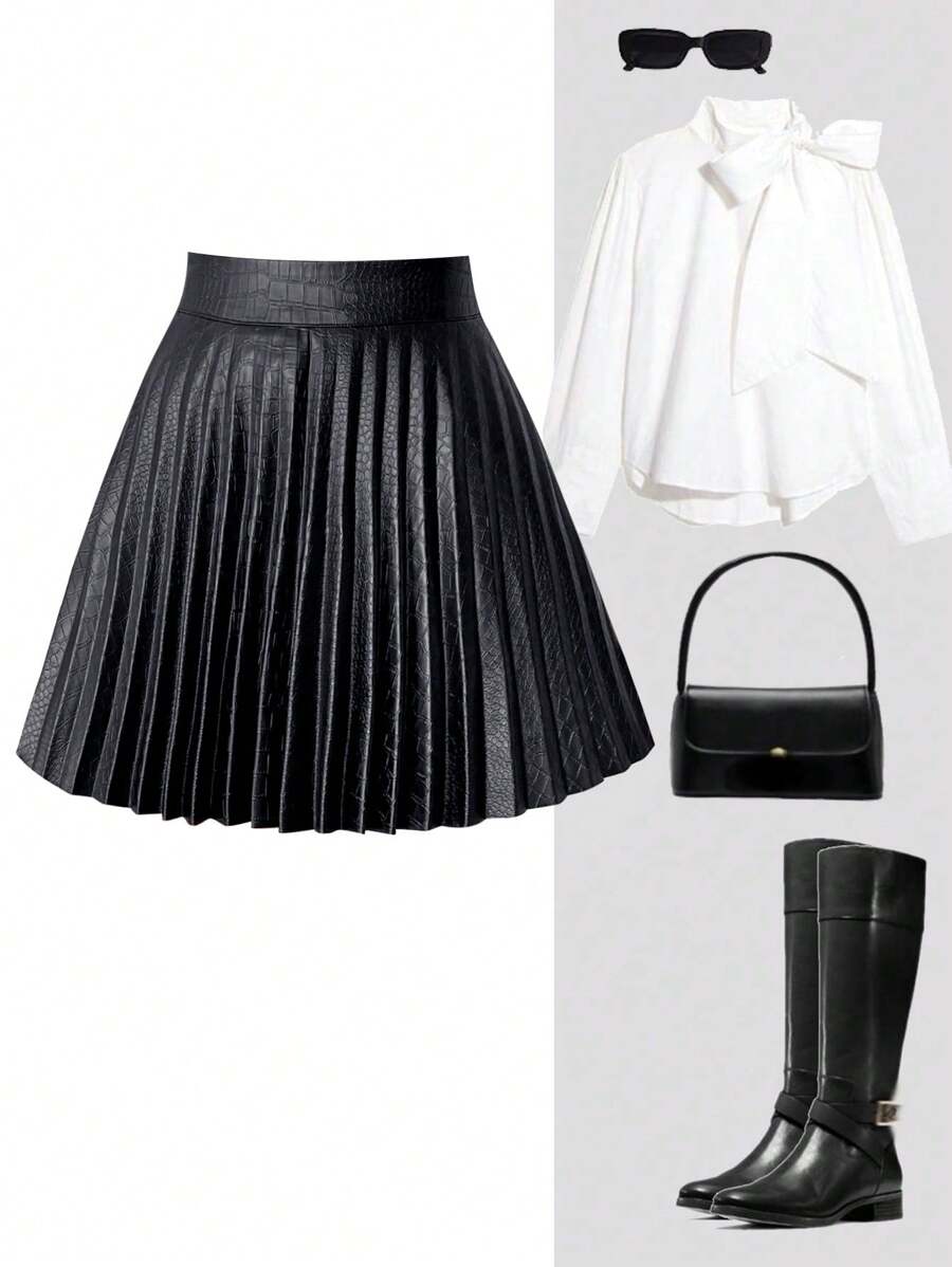 Calvaya 女士高腰百褶裙，黑色仿皮裙，优雅百搭，凸显身材