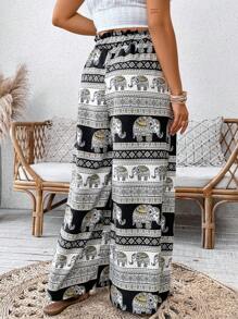 SHEIN Clasi 大码女式情人节梭织撞色印花休闲阔腿裤，夏季、狂欢、节日春假波西米亚风 - 彩色 - 查看 2