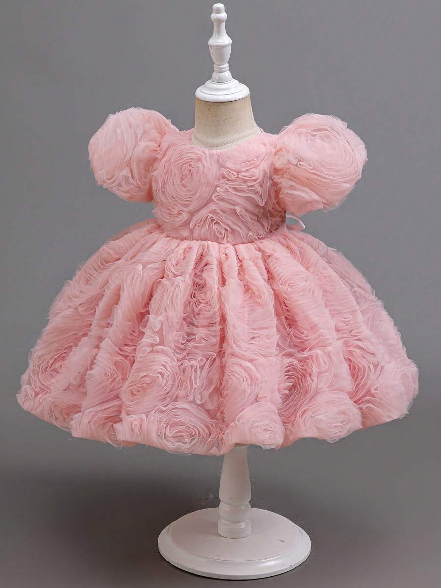 SHEIN Glamorique Kids 花童礼服适合生日派对、婚礼、节庆、女婴粉色 3D 花卉网眼芭蕾舞裙，配蝴蝶结领结，适合正式场合、舞台、钢琴表演、派对、拍照、日常穿着 - 粉色 - 查看 1