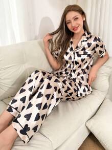 Collared Top Faux Silk Short Sleeve Top & Pants Pajama Set With Heart Design - Champagne - View 5