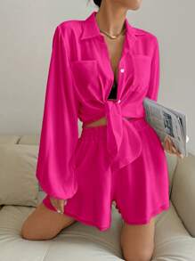 Chiquease 女士休闲纯色灯笼袖上衣和短裤套装 - 玫紅色 - 查看 4