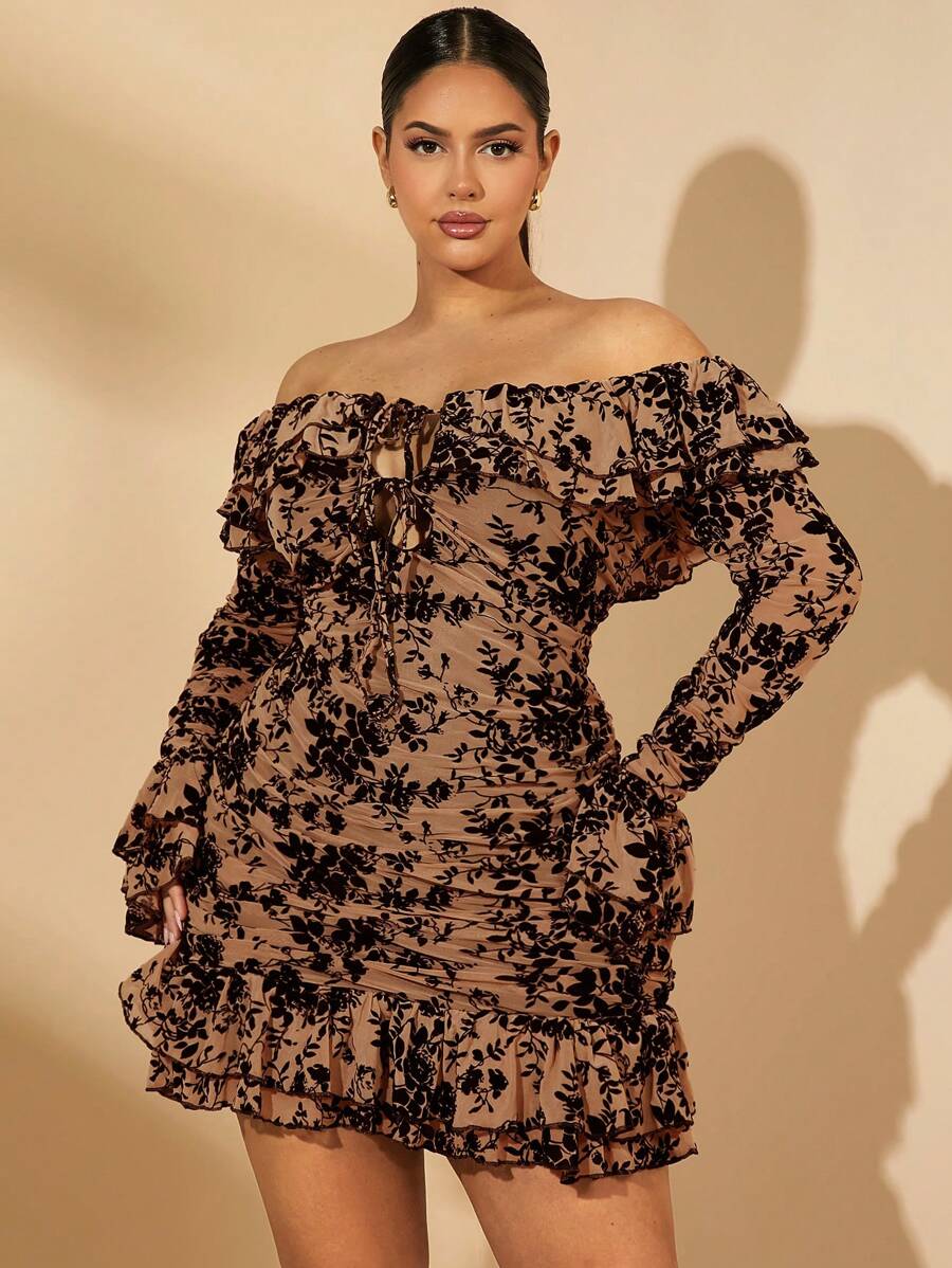 SHEIN BAE Plus Size Women's Romantic & Flocked & Mesh Long Sleeve Off Shoulder Ruffled Mini Bodycon Dress, Suitable For Halloween Party - Khaki - View 1