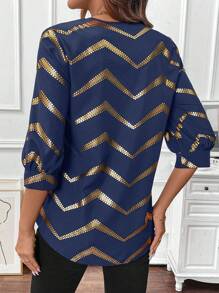 SHEIN LUNE V-Neck, 7/8 Sleeve, Gold Foil Fabric Casual Commuter Elegant Blouse For Women, Autumn/Winter