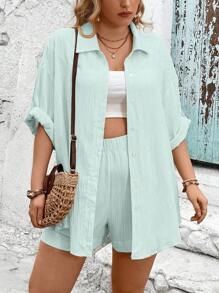 SHEIN Clasi Conjunto de 2 piezas de talla grande informal de unicolor con camisa de hombros caídos y pantalones cortos sueltos para vacaciones - verde menta - Ver 2