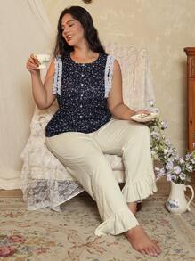 Côtesoire Conjunto de pijama con contraste de color de encaje y parches con estampado floral menudo de estilo campestre para tallas grandes - Multicolor - Ver 4