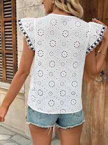 Breezaya Women's Casual Vacation Elegant Cute Faux Linen Eyelet Embroidery Ruffle V-Neck Spliced Lace Trim Cap Sleeve Loose Cap Sleeve Blouse, Spring/Summer Romantic Elegant Concert Going Out Tops Boho Concert Women White And Black Contrast Blouse