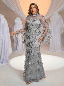 SHEIN Belle Plus Size Burgundy Embroidered Oriental Qipao Collar Dress With Oversized Flared Sleeves, Mermaid Hem And Beaded Details, Elegant Evening Gown - Grey - View 4