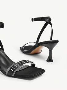 CUCCOO CHICEST 女士夏季新款水晶装饰宽带踝带方头细高跟凉鞋，优雅浪漫性感黑色透明PVC派对高跟鞋，完美适用于约会、派对、晚宴。 - 黑色 - 查看 11