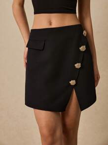 Poéselle Women's Elegant Metal Decor Wrap Slit Skirt For Work - Black - View 3