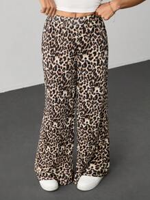 SHEIN Tall Fashionable Loose Leopard Print Wide Leg Pants - Brown - View 5