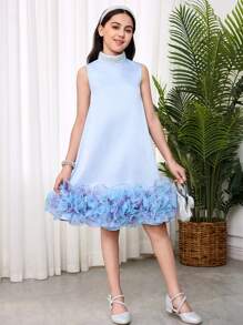 SHEIN 青少年女孩宽松休闲夸张荷叶边下摆水钻点缀立领 A 字形连衣裙 - 淺藍色 - 查看 4