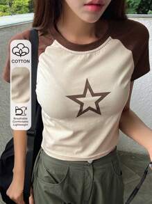 DAZY Áo thun tay ngắn in hình ngôi sao khối màu Y2k, Áo crop top nữ, Áo thun họa tiết - màu nâu - Xem 1