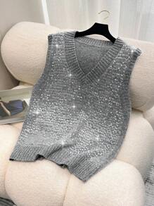 EMERY ROSE Plus Size Sequin V-Neck Sweter Bez Rękawów Kamizelka, Swobodny Codzienny Ubiór, Jesień/Zima