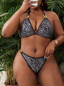 Slaydiva 大码女式 2 件套金箔斑马纹吊带高开 V 领泳衣 - 黑與白 - 查看 5