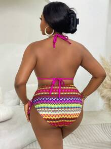 SHEIN Slayr CURVE Conjunto de bikini sexy de 2 piezas de talla grande con tela texturizada y tirantes de amarre, traje de baño para playa y vacaciones