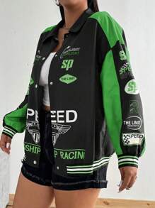 POPSWAY Plus Size Women Cool Splice Detail Jacket In Pink - Green - View 3